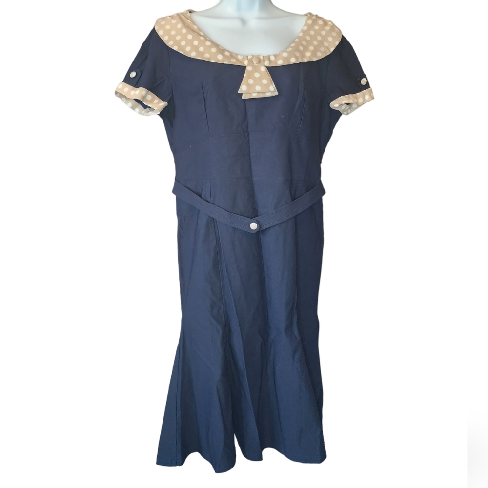 Miusol Retro Classic Navy with Tan White Polka Dot Accent Dress